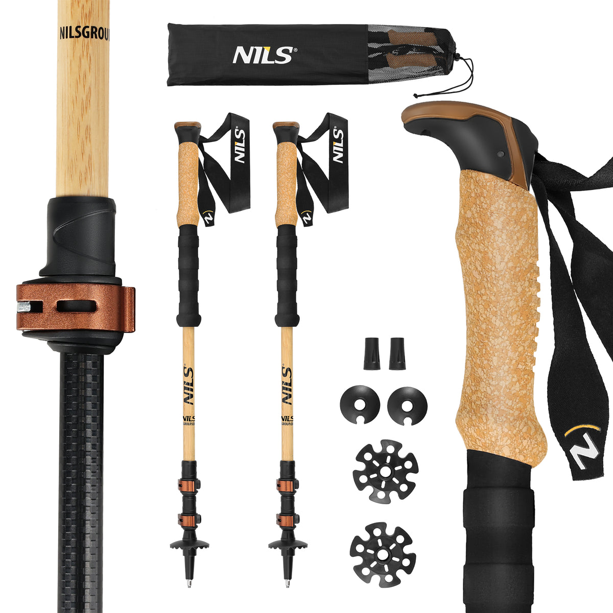 Bețe trekking NILS TK8606, bambus și aluminiu 7075, 62–135 cm, set 2 bucăți