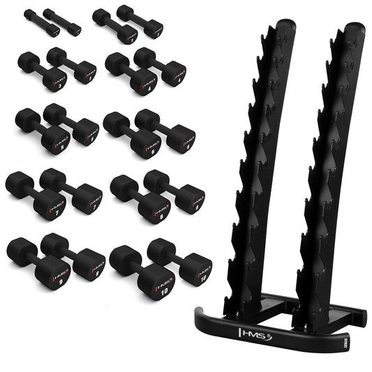 SET POLYURETHANE DUMBBELLS HPT 2 x 1 - 10 KG (110 KG) + STR37 VERTICAL RACK HMS